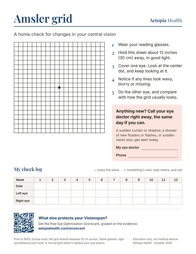 The printable Amsler grid sheet: a true-size grid, the five steps, a box with lines for your eye doctor’s name and phone number, and a 12-week check log.