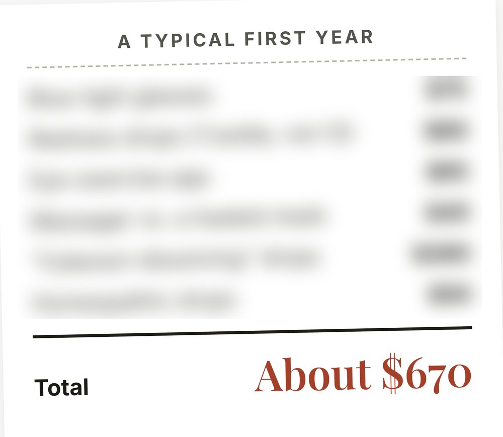A receipt titled A typical first year, with six products and their prices blurred out. Total: about $670.